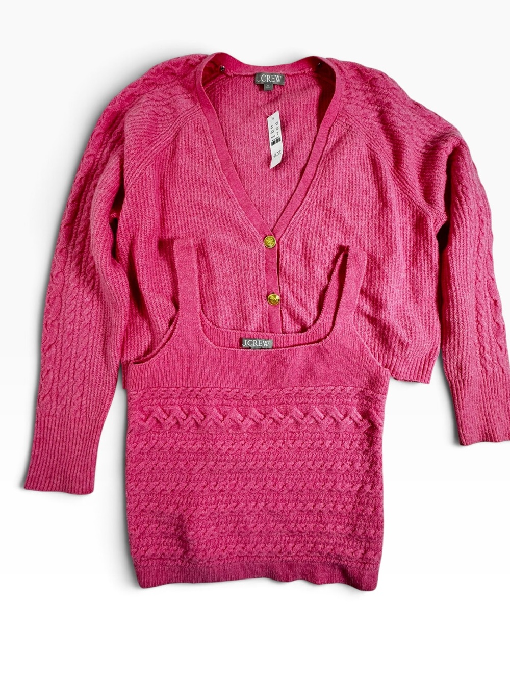 J. Crew Supersoft Cropped Cable Knit Sweater Tank Set XL Pink Gold Buttons Wool